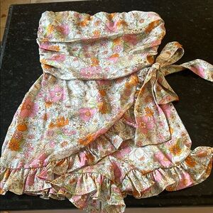 Floral Strapless Dress with Ruffle Hem